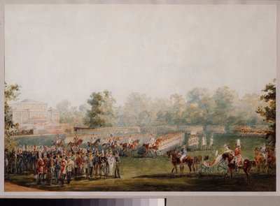 Militærparade på engen til palasset Elagin i St. Petersburg. (Parade av den keiserlige garde). Verk av Vasily Semyonovich Sadovnikov (1800-1879), akvarell på papir av Vasili Semenovich Sadovnikov