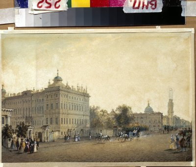 Sankt PETERSBOURG. Anichkov-palasset. (Sankt Petersburg. Anichkov-palasset). Verk av Vasily Semyonovich Sadovnikov (1800-1879), akvarell på papir, ca. 1830. Russisk kunst av Vasili Semenovich Sadovnikov