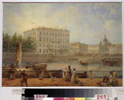 Sankt PETERSBOURG. Utsikt over Fontanka og Derzhavin-huset. (Sankt Petersburg. Utsikt over Fontanka-elven og Derzhavin-huset). Verk av Vasily Semyonovich Sadovnikov (1800-1879), akvarell på papir av Vasili Semenovich Sadovnikov