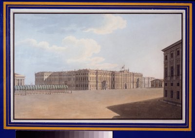 Utsikt over Winter Square fra Neva Avenue (Nevsky Prospect), St. Petersburg. Verk av Vasily Semyonovich Sadovnikov (1800-1879), akvarell på papir av Vasili Semenovich Sadovnikov