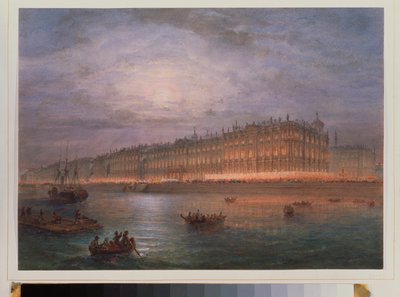 Utsikt over vinterpalasset om natten (Saint Petersburg). Verk av Vasily Semyonovich Sadovnikov (1800-1879), akvarell på papir. Russisk kunst fra 1800-tallet. State Hermitage, St. Petersburg. av Vasili Semenovich Sadovnikov