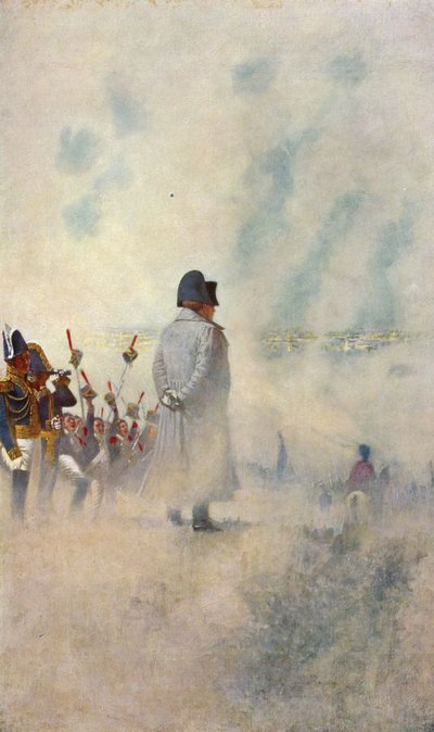 Napoleon Bonaparte står blant soldatene sine foran Moskva (fargelitografi) av Vasili Vasilievich Vereshchagin