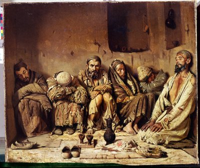 Orientalisme: opiumsrøykere som sitter i en gate i Midtøsten (Opiumsrøykerne). Maleri av Vasili Vasilyevich Vereschagin (Vereshchagin, Vereshchagin) (1842-1904) av Vasili Vasilievich Vereshchagin