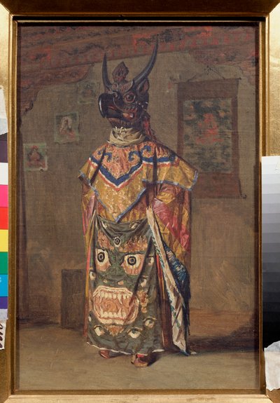 A Lama at a Buddhist Feast in the Rumtek Monastery in Sikkim (India) (Lama at a Buddhist Feast in the Rumtek Monastery in Sikkim) - Maleri av Vasili Vasilyevich Vereshchagin (Vassili Vereshchagin) (1842-1904), olje på lerret av Vasili Vasilievich Vereshchagin