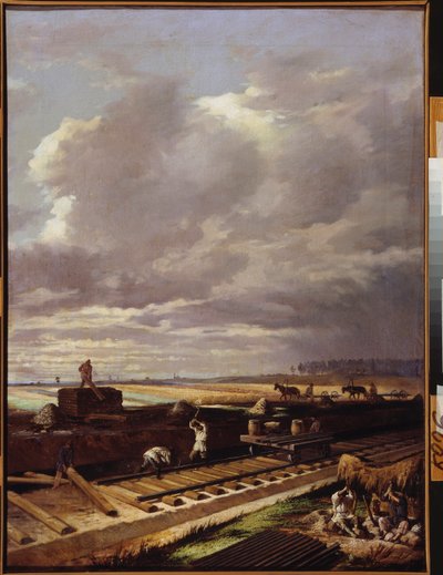 Byggearbeid på en jernbanelinje - Maleri av Vasili Vladimirovich Pukirev (Vassili Poukirev) (1832-1890), olje på lerret av Vasili Vladimirovits Pukirev