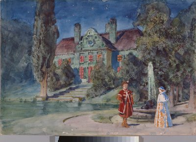 Forberedende dekor, en hage foran et hus, for operaen ""Boris Godounov"" av Modeste Moussorgsky (1839-1881) - Scenedesign for operaen Boris Godunov av Modeste Musorgsky - Verk av Vasili Dmitrievich Polenov (1844-1927) , akvarell og gouache på av Vasilij Dmitrievich Polenov