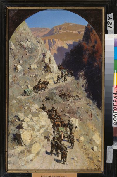 Artilleri i Kaukasusfjellene. (Episode av erobringen av Nord-Kaukasus av det russiske imperiet, kampanje 1853-1856). Maleri av Vasili Dmitrievich Polenov (1844-1927), olje på lerret av Vasilij Dmitrievich Polenov