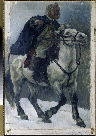 Alexander Suvorov (1729-1800) til hest. (Alexander Suvorov til hest). Den russiske helten beskrives mens han krysser Alpene, i spissen for russiske tropper, under det italienske felttoget (1799-1800). Maleri av Vasilli Ivanovich Surikov (Vasily Surik av Vasilij Ivanovic Surikov