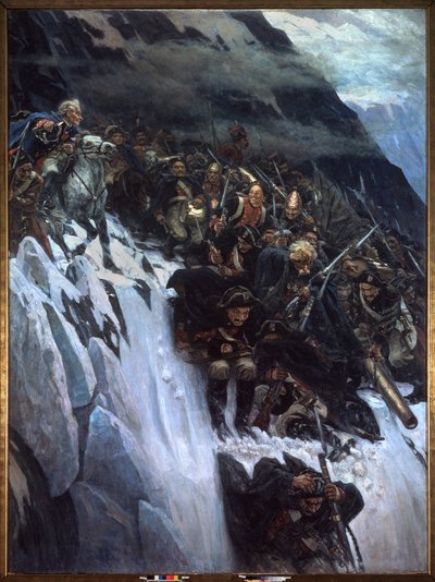 Italiensk kampanje (1799-1800): marsj av Alexander Suvorov (Suwarow eller Souwarow Rimniski eller Rimnitskoi) (1729-1800) og russiske tropper gjennom Alpene i 1799 - Mars av Suvorov gjennom Alpene i 1799 - Maleri av Vasily Ivanovich Surikov av Vasilij Ivanovic Surikov