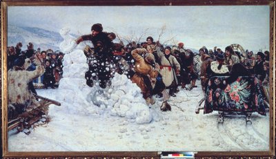 Storm of Snow Fortress (Populær scene for jubel under den ortodokse fasteuken, maslenitsa) - Maleri av Vasilli Ivanovich Surikov (Vasily Surikov eller Vassili Surikow) (1848-1916), olje på lerret av Vasilij Ivanovic Surikov