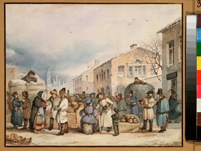 The Hay Market Place i St. Petersburg - Verk av Vasili Ivanovich Shternberg (1818-1845), akvarell på papir av Vasily Ivanovich Sternberg