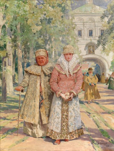 Utenfor klosterporten - Maleri av Vasily Ivanovich Navozov (1862-1919), olje på lerret (49x41,5 cm) av Vasily Ivanovich Navozov