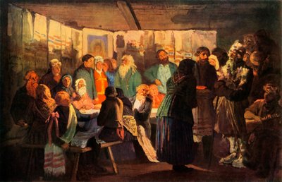 'Trollmannen ankommer landsbybryllupet', 1874, 1965. av Vasily Maksimov