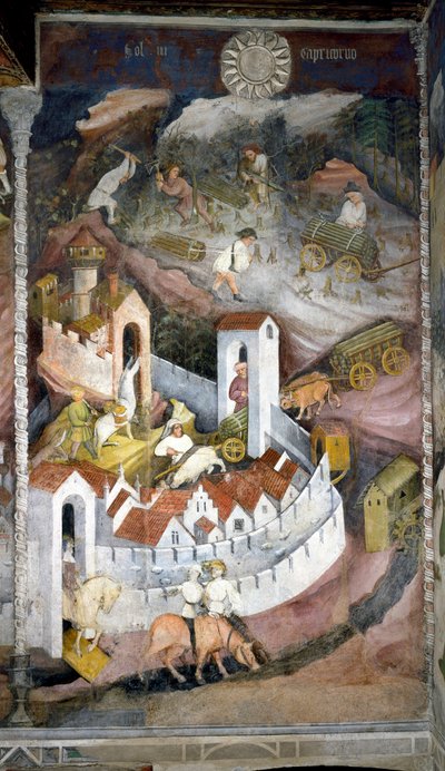 Desember: tømmerhuggerne samler veden og bringer den tilbake til byen Trento hvor muren og slottet Buonconsiglio er representert. Maleri av Månedens Mester eller Mester Wenceslas (Maestro dei Mesi eller Maestro Wenceslao på italiensk, begynner av Venceslao Maestro