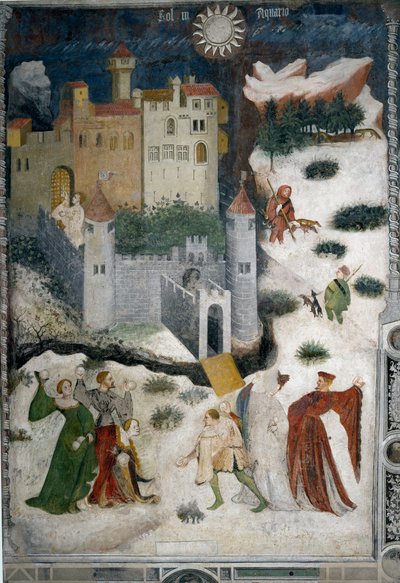 Januar måned: snølandskap med aristokrater og jegere. Aristokrater spiller snøballer mens jegere går på jakt med hundene sine. Nederst Castello di Stenico-slottet og en mann med nøkkelen er klar til å åpne festningsdøren. Maleri av Mas av Venceslao Maestro