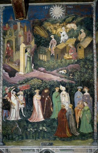 Juni måned: dans av damer og ryttere. Nederst behandler kyr og osteproduksjon med melk. Folk lastet med mat kommer ut av slottet. Kardinal Bernardo Cles (1485-1539), sponsoren av maleriet som ble gjort om av Fogolino, er representert i av Venceslao Maestro