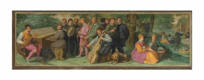 En pastoral konsert, med elegante figurer som spiller en cittern, en clavichord, en fiolin, en kornett, en trombone og en violoncello (olje på panel) av Venetian School