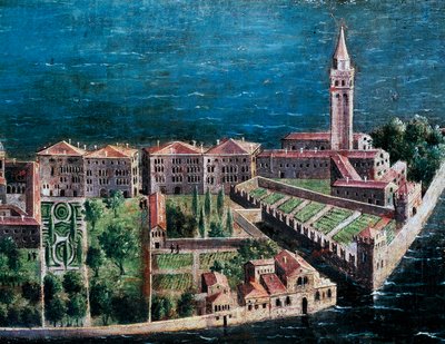 Hage ved siden av Forløserkirken, detalj fra fugleperspektiv av Venezia, maleri av den venetianske skolen, Italia av Venetian School