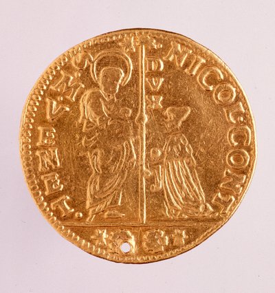 Gullmynt (zecchino eller paljett) fra Venezia: dogen Nicolo Contarinis regjeringstid (1630-1631). Diameter 3,4 cm Roma, nasjonalt terminmuseum av Venetian School