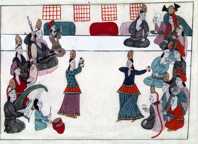 Musikere og dansere under det osmanske riket. Miniatyr fra "" Turkish Memorials"" (kodeks Cicogna 1971 "Memorie Turchesche") Akvarell fra 1600-tallets venetianske skole. av Venetian School