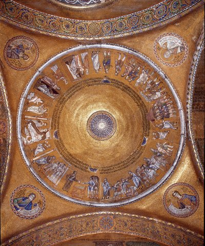 Utsikt over kuppelen med mosaikker på gylden bakgrunn (romansk og bysantinsk stil) som illustrerer Abrahams liv. I anhengene, profetene Daniel, Jeremia, Jesaja og Esekiel.1240-1250. Basilica San Marco (basilikaen San Marco) Venezia av Veneto Byzantine School