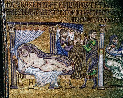 Bysantinsk arkitektur: "The Drunkenness of Noe""" mosaikk laget av venetianske kunstnere Basilica di San Marco fra 1200-tallet av Veneto Byzantine School