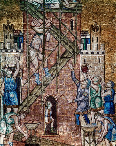 Bysantinsk arkitektur: "" konstruksjonen av Babelstårnet""" På stedet legger arbeidernes maconer, montert på stillaser, steinene til tårnet. Mosaikk laget av venetianske kunstnere Basilica di San Marco fra 1200-tallet (St. Markus basilika), Venezia av Veneto Byzantine School