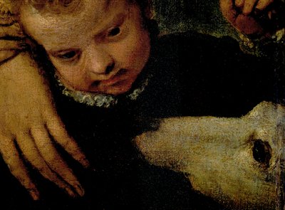 Portrett av en kvinne med et barn og en hund, detalj av hodene til barnet og hunden olje på lerret detalj av 95739 av Paolo Veronese