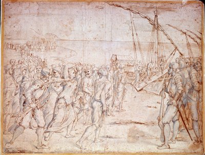 Deportasjon av moriskene fra Spania (muslimer i Spania tvangskonvertert til katolisisme) etter undertegnelsen av Filip III av Spania av en traktat 22.09.1609. Tegning av Vincencio Carducho (1576-1638) av Vicente Carducho