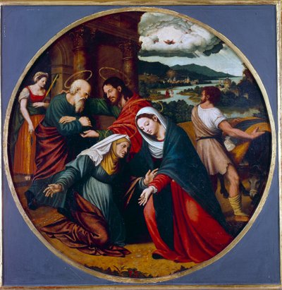 Besøk. Møte mellom Jomfru Maria og Saint Elizabeth. Innerst inne, St. Josef og Sakarja. Maleri av Juan Vincente Macip (1490-1550) Ec. Esp. av Vicente Juan (c.1510 79) Macip