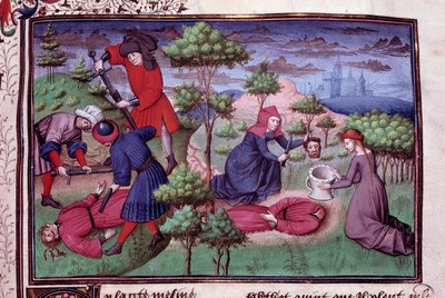 Drapssted for to menn hvis mordere kuttet hodet av dem. Side av et manuskript på fransk av "Decameron"" av Giovanni Boccaccio dit Jean Boccace (1313-1375), italiensk forfatter, belyst av Mesteren av Mansel. 1450. Paris, Arsenals bibliotek av Vicente de Paredes