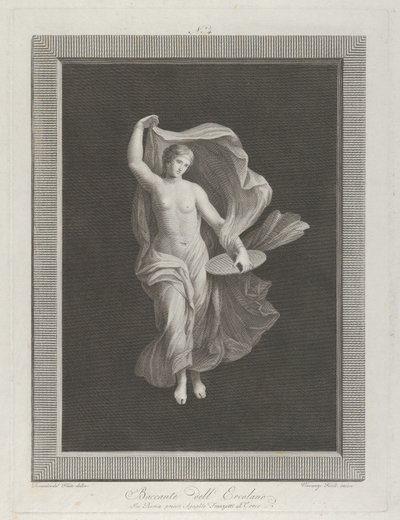 En delvis naken bacchante som holder en disk i venstre hånd og løfter plaggene ..., ca. 1795-1820 av Vicenzo Feoli