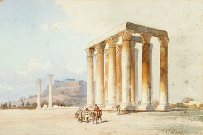 Zevstempel med Akropolis, Parthenon, Athen (akvarell og kroppsfarge) av Vicenzo Lanza