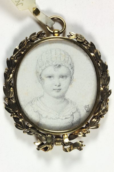 Tegning av et lite barn tradisjonelt identifisert som Napoleon II (blyant på kort) av Victoire (attr.to) Jaquotot