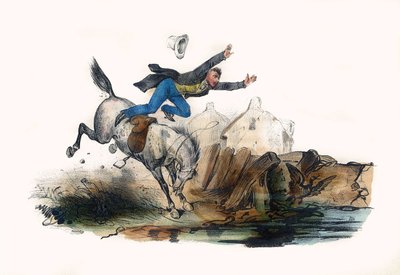 En rytter faller etter ruset fra hesten. I "" Album Grotesque, Choices of Outstanding Types", illustrasjoner av Victor Adam, Paris, rundt 1850. av Victor Adam
