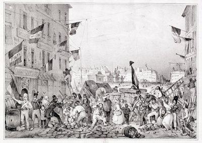Barrikaden ved Rue Dauphine, 29. juli 1830, gravert av H. Delaporte av Victor Adam