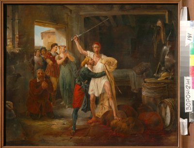 Don Quijote kjemper mot visse skinn av rødvin av Victor Adam