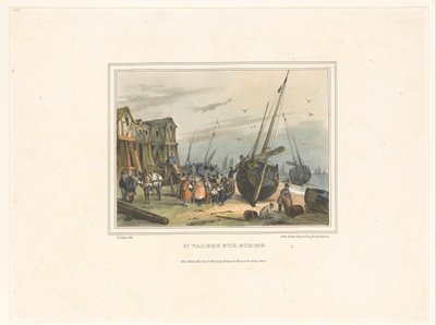 Stranden i Saint-Valery-sur-Somme St. Valery sur Somme (tittel på objekt) Kostymer til innbyggerne i havnebyer (serietittel) Costumes de marins, design dans les ports (serietittel) av Victor Adam