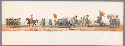 Historisk prosesjon ved det andre hundreårsjubileet for Utrechtse Hogeschool, 1836 (plate 7) Optogt des Nederlandschen Legers til Ostende, den 3. juli 1600, dagen etter seieren ved Nieuwpoort; i henhold til den kostymede forestillingen gitt av HH Student av Victor Adam