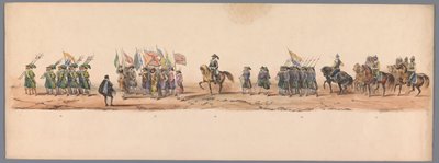 Historisk prosesjon ved det andre hundreårsjubileet for Utrecht University of Applied Sciences, 1836 (plate 9) De nederlandske hærenes innflyging til Oostende, 3. juli 1600, dagen etter seieren ved Nieuwpoort; i henhold til kostymefremstillingen gitt av H  av Victor Adam
