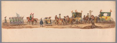 Historisk prosesjon ved det andre hundreårsjubileet for Utrechtse Hogeschool, 1836 (plate 6) Optogt des Nederlandschen Legers til Ostende, den 3. juli 1600, dagen etter seieren ved Nieuwpoort; i henhold til den kostymede forestillingen gitt av HH Student av Victor Adam