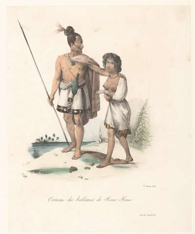 Klær til innbyggerne i Houa-Houa (New Zealand) Costume des habitans de Houa-Houa (tittel på objekt) Discovery of the Astrolabe (serietittel) Voyage de découvertes de l'Astrolabe (serietittel) av Victor Adam