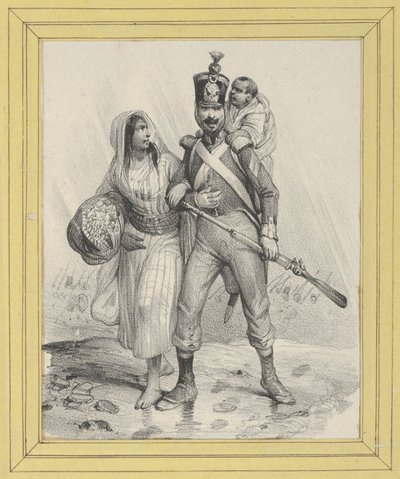 Soldat med en kvinne under armen og et barn på ryggen av Victor Adam