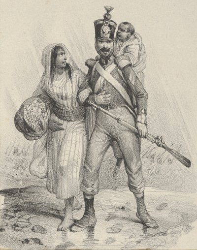 Soldat med en kvinne på armen og et barn på ryggen, midten av 1800-tallet.. av Victor Adam