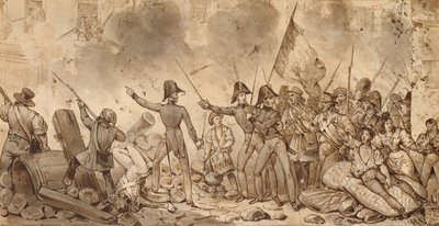 Tar brakkene i Rue de Babylone, 29. juli 1830 (tegning) av Victor Adam
