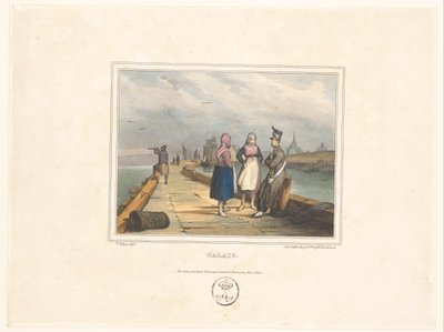 To jenter og en soldat på landingsplassen i Calais Calais (tittel på objekt) Kostymer til innbyggerne i havnebyer (serietittel) Costumes de marins, design dans les ports (serietittel) av Victor Adam