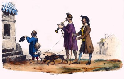 To blinde ledet av hunder og et tiggerbarn. I "" Album Grotesque, Choices of Outstanding Types", illustrasjoner av Victor Adam, Paris, rundt 1850. av Victor Adam
