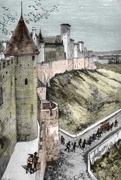 Forbud mot precher og arrestasjon av protestanter etter tilbakekallingen av Edit de Nantes (dragonnader under Ludvig XIV (1681-1686): eksil av protestanter som forlater byer for å slutte seg til grensene (dragonnader i Frankrike under Ludvig XIV, fransk po av Victor-Armand Poirson