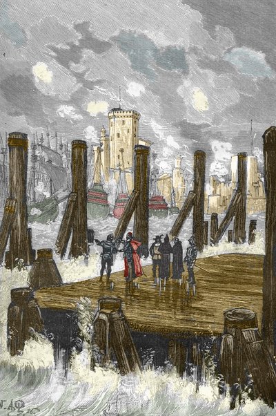 Siege de la Rochelle (1627-1628): "" Kardinal av Richelieu (1585-1642) på demningen til La Rochelle, under beleiringen av byen, place d'armes des Protestants i oktober 1628"" - Cardinal de Richelieu ved beleiringen av La Rochelle i  av Victor Armand Poirson