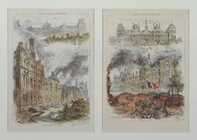 Utsikt over Tuileries-palasset og Hotel de Ville før og etter brannene i 1871 av Victor Coindre